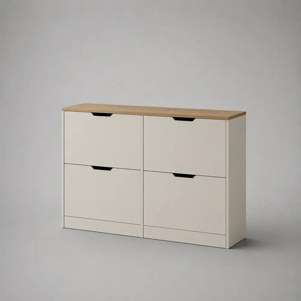 Meuble à chaussures blanc MDF 4 compartiments basculants avec plateau effet chêne clair 120 cm