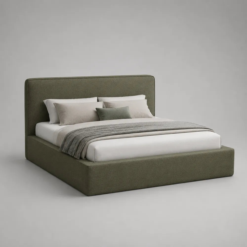 Lit double avec coffre de rangement en tissu polyester vert olive 160 x 200 cm