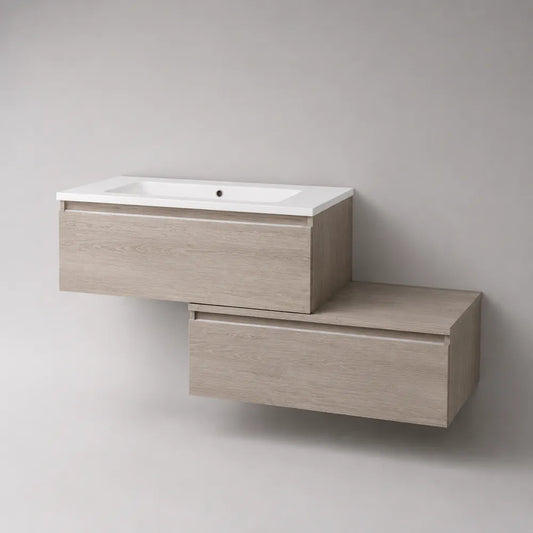 Meuble sous vasque suspendu en MDF effet chêne clair avec vasque blanche et tiroirs 120 x 45 x 50 cm