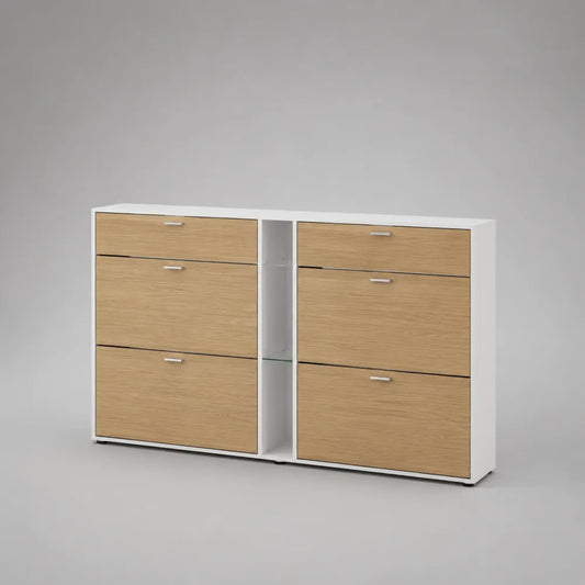 Meuble d'entrée en MDF effet chêne clair avec tiroirs portes et niche ouverte blanc 160 x 35 x 80 cm
