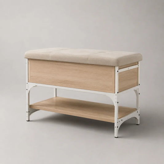 Meuble à chaussures avec assise rembourrée en tissu polyester et structure acier blanc 100 x 40 x 55 cm