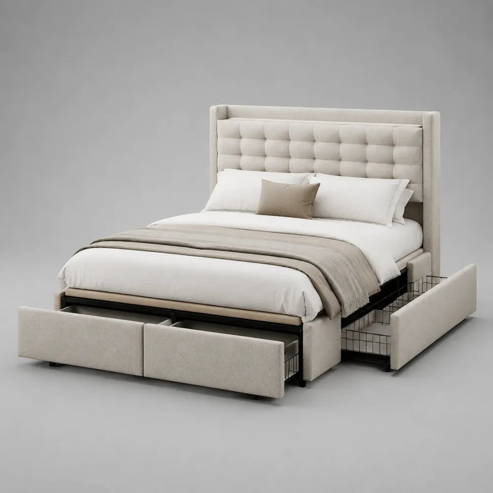 Lit coffre double en tissu beige avec tête de lit capitonnée et tiroirs de rangement 160 x 200 cm