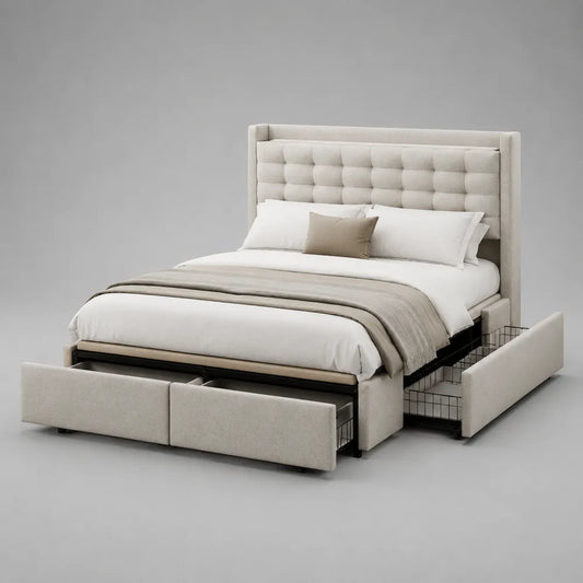 Lit coffre double en tissu beige avec tête de lit capitonnée et tiroirs de rangement 160 x 200 cm