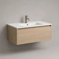 Meuble sous vasque suspendu en MDF effet bois clair avec vasque céramique blanche 100 x 45 x 50 cm
