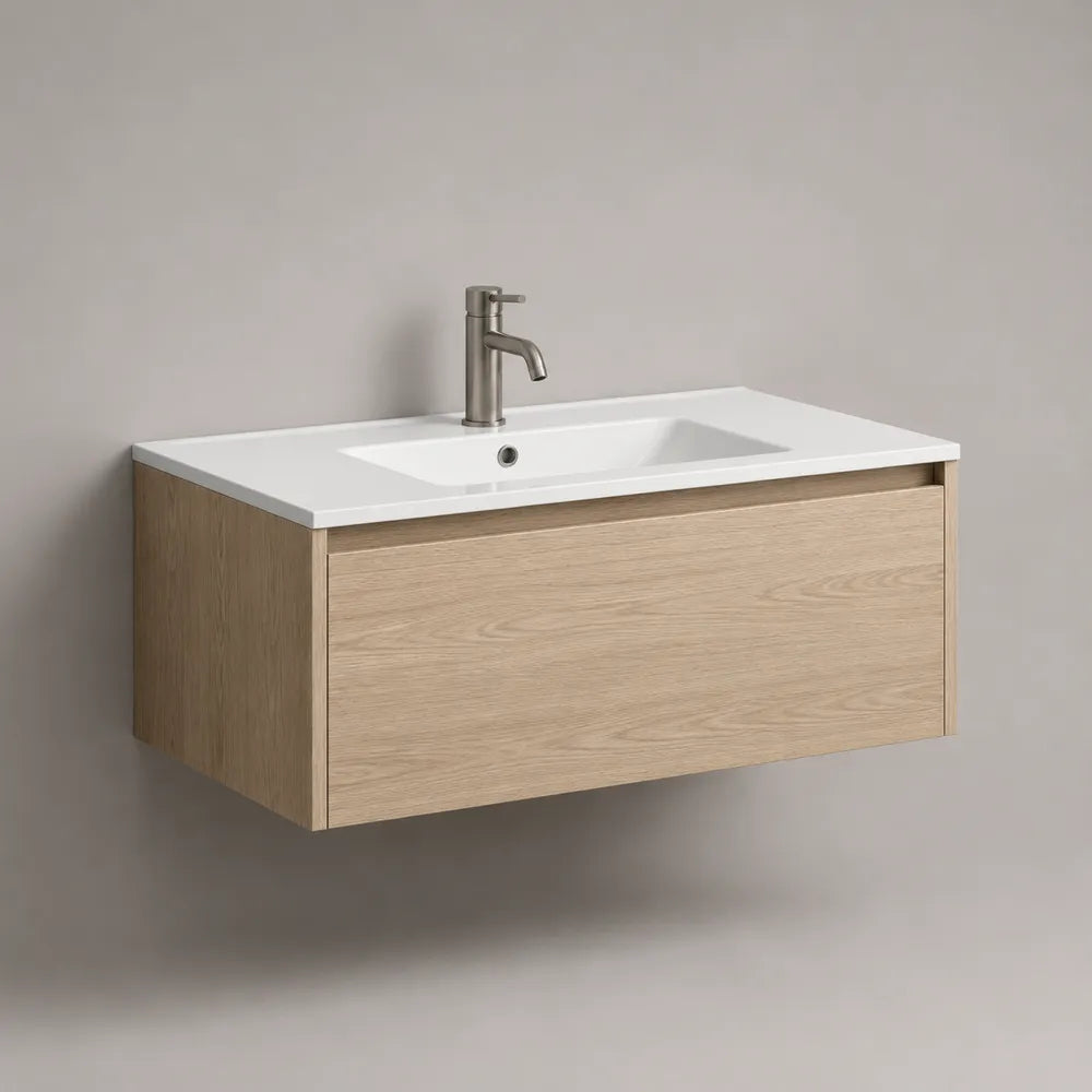 Meuble sous vasque suspendu en MDF effet bois clair avec vasque céramique blanche 100 x 45 x 50 cm