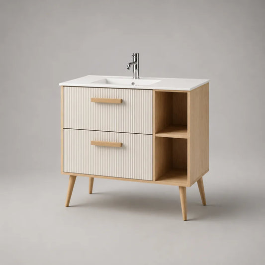 Meuble sous vasque 80 cm en MDF effet chêne clair avec tiroirs rainurés niche ouverte et vasque blanche
