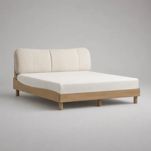 Lit double en bois naturel avec tête de lit rembourrée beige 160 x 200 cm cadre de lit