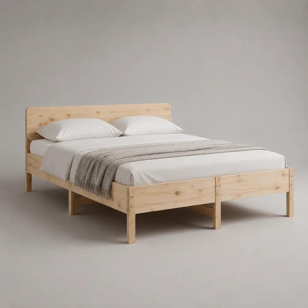 Lit double en bois de pin massif naturel avec tête de lit 160 x 200 cm