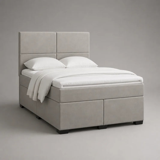 Lit double coffre avec tête de lit rembourrée en polyester beige 160 x 200 cm