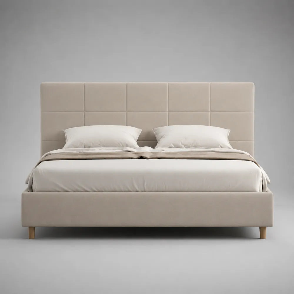 Lit double rembourré avec tête de lit capitonnée en tissu polyester beige 160 x 200 cm