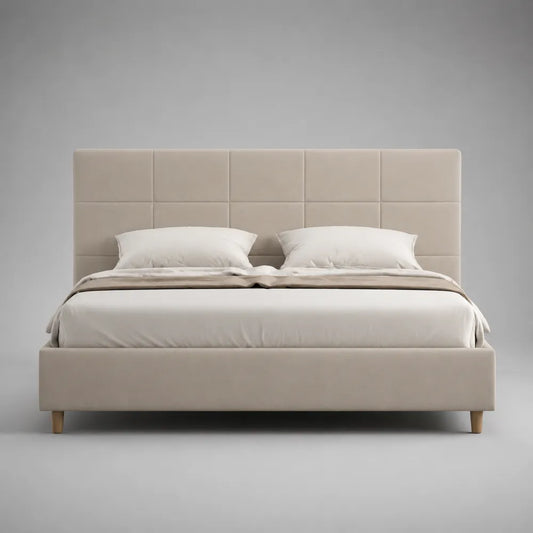 Lit double rembourré avec tête de lit capitonnée en tissu polyester beige 160 x 200 cm