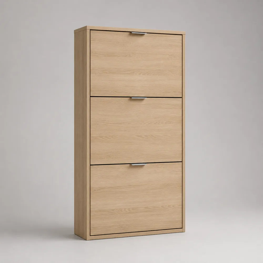 Meuble à chaussures 63 cm en MDF effet chêne clair avec 3 portes rabattables rangement fermé