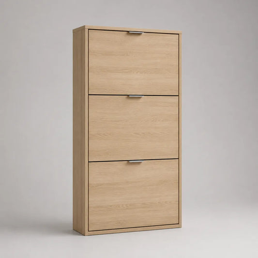 Meuble à chaussures 63 cm en MDF effet chêne clair avec 3 portes rabattables rangement fermé