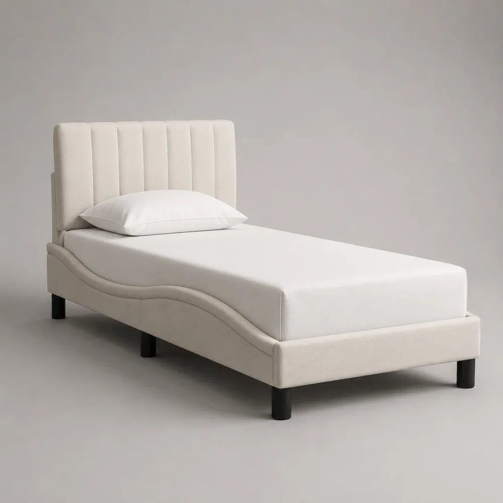 Lit simple rembourré en tissu polyester blanc cassé avec tête de lit capitonnée 90 x 200 cm