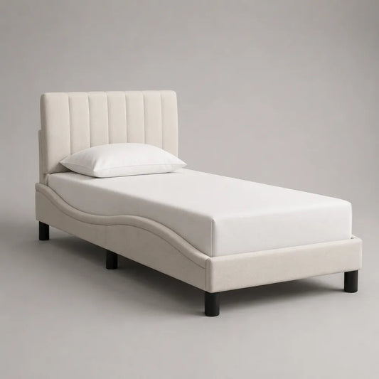 Lit simple rembourré en tissu polyester blanc cassé avec tête de lit capitonnée 90 x 200 cm