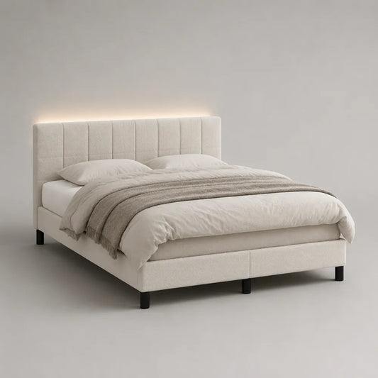 Lit double rembourré en polyester blanc cassé avec tête de lit capitonnée LED 160 x 200 cm